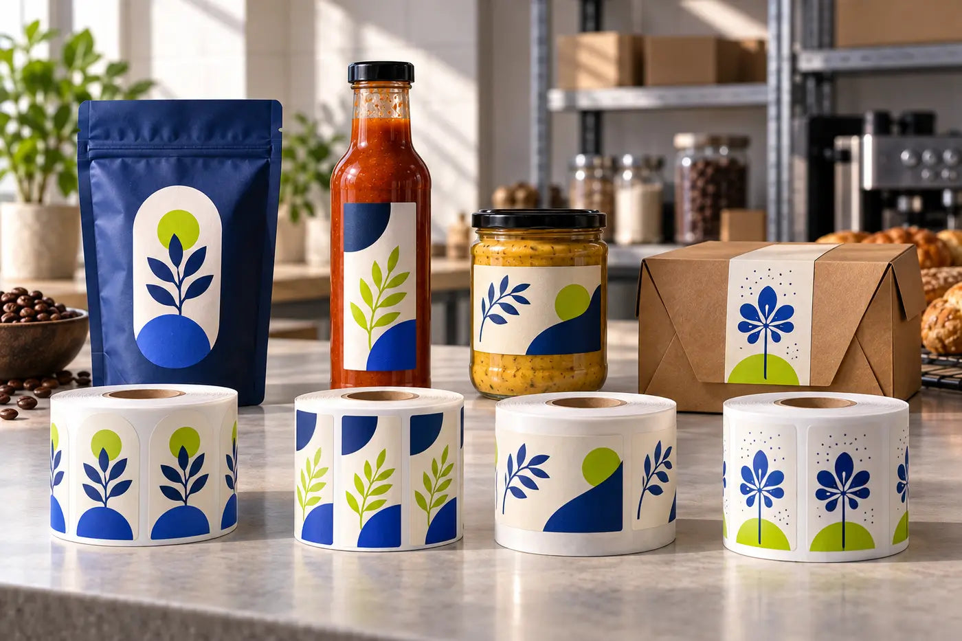 Four separate label rolls, each with one design
