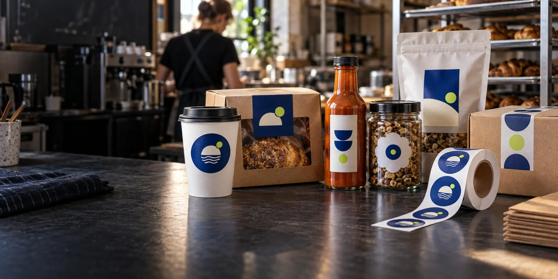 Custom labels on café and bakery packaging