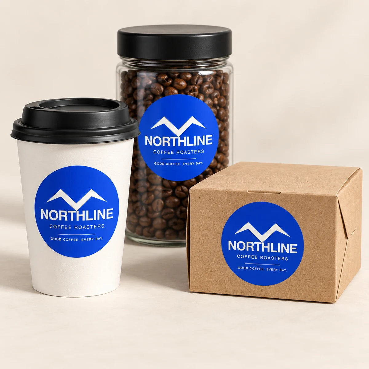 Design example: the same cup, jar and box with matching custom artwork.