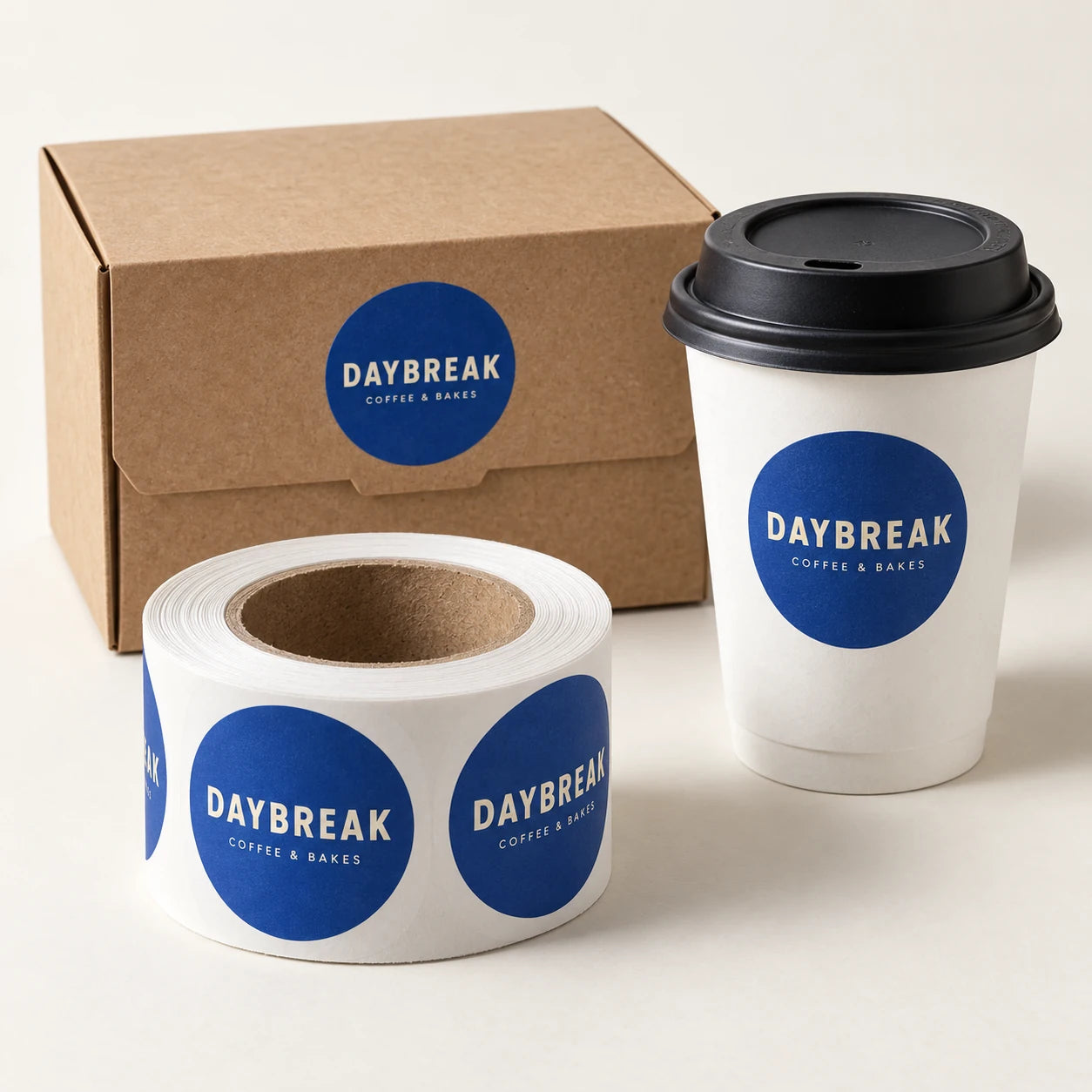 2-inch circle label examples on a café cup, bakery box and roll.