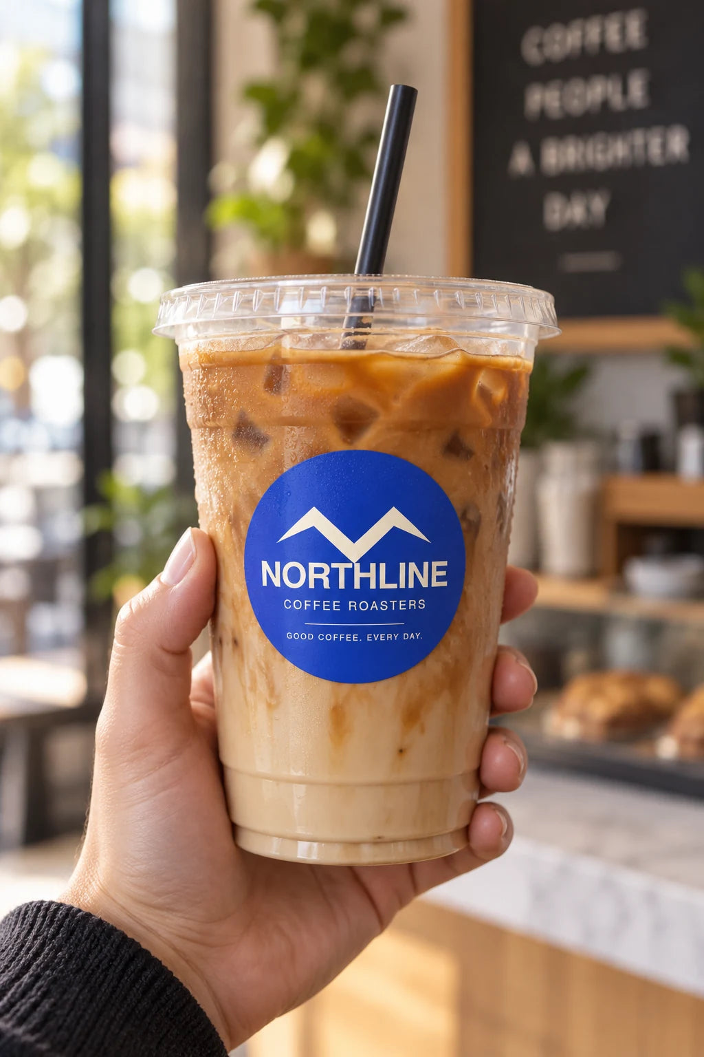 Illustrative application: a White BOPP label on an iced coffee with condensation.