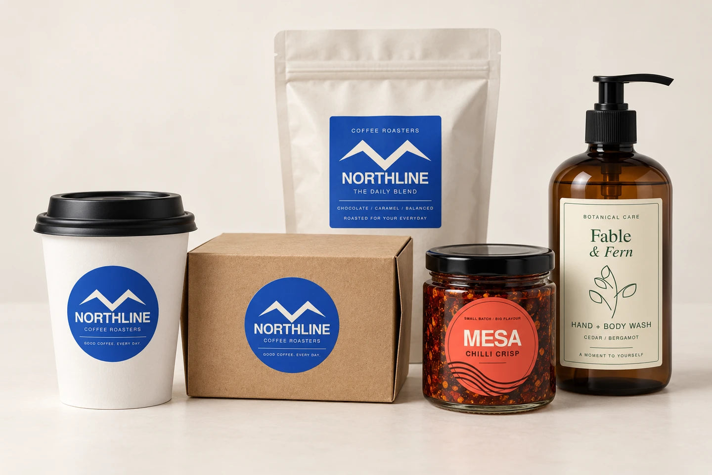 Custom label examples on a coffee cup, bakery box, pouch, glass jar and pump bottle.