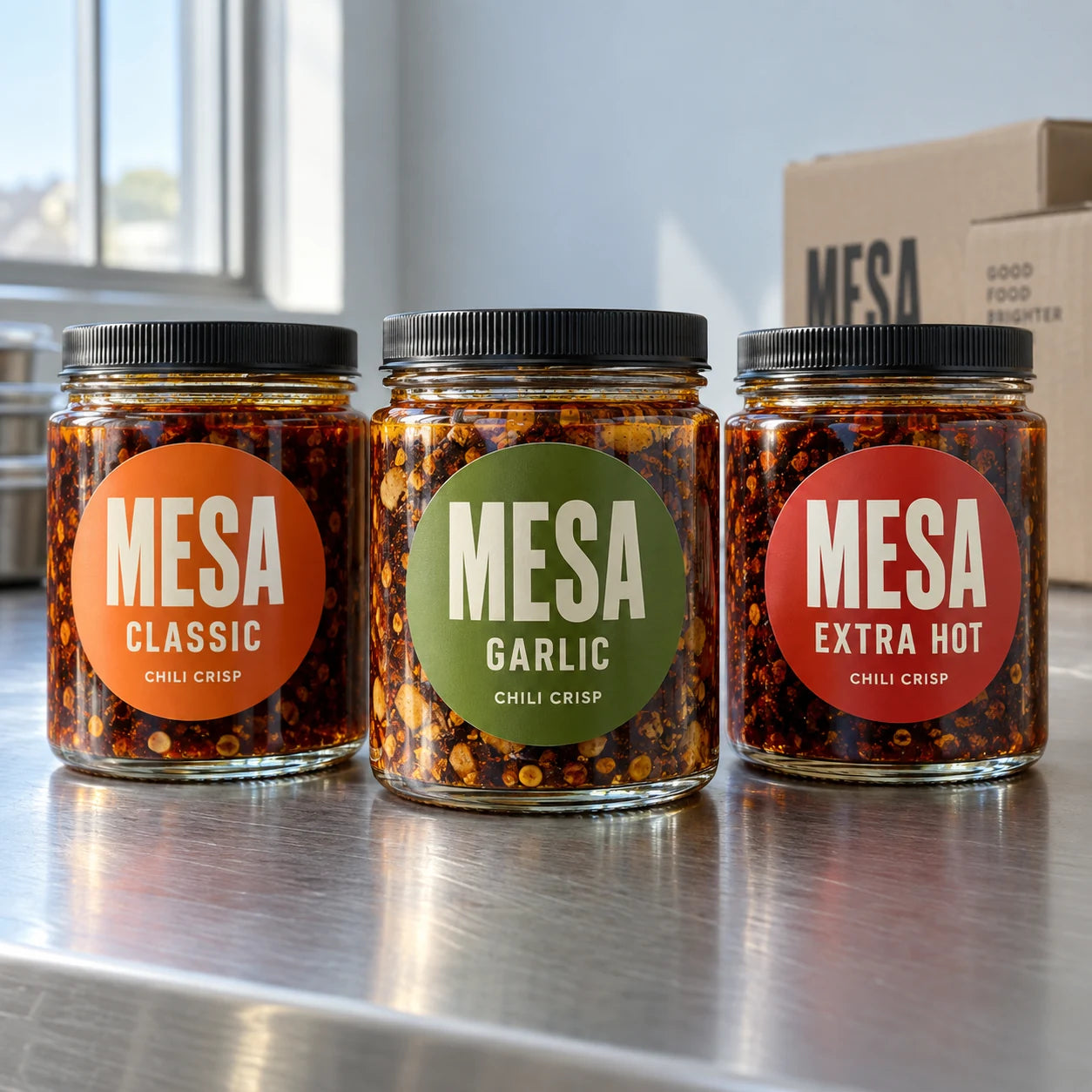 Classic, Garlic and Extra Hot flavours with matching label sizes — multi-SKU packaging design example.