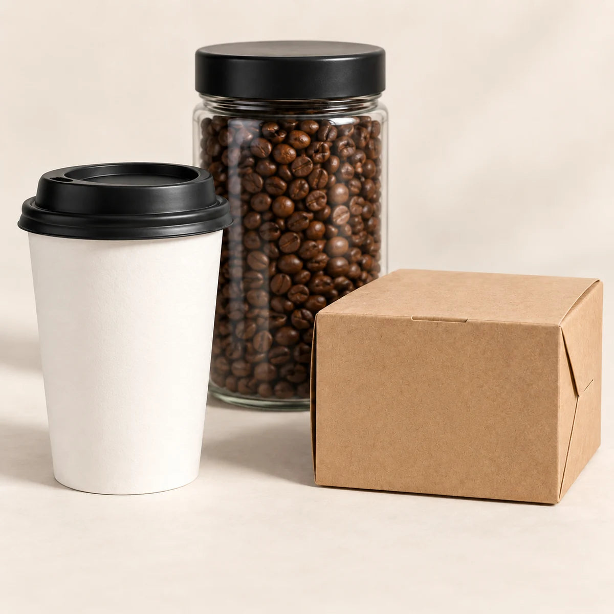 Before: an unlabelled takeaway cup, coffee jar and kraft box.